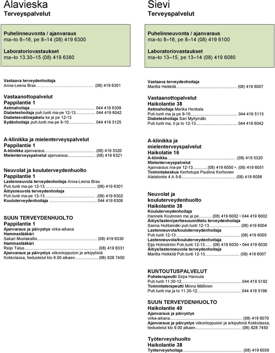 . (08) 419 6301 Vastaanottopalvelut Astmahoitaja... 044 419 6308 Diabeteshoitaja puh.tunti ma-pe 12-13... 044 419 6042 Diabetesvälinejakelu ke ja pe 12-13 Sydänhoitaja puh.tunti ma-pe 9-10.