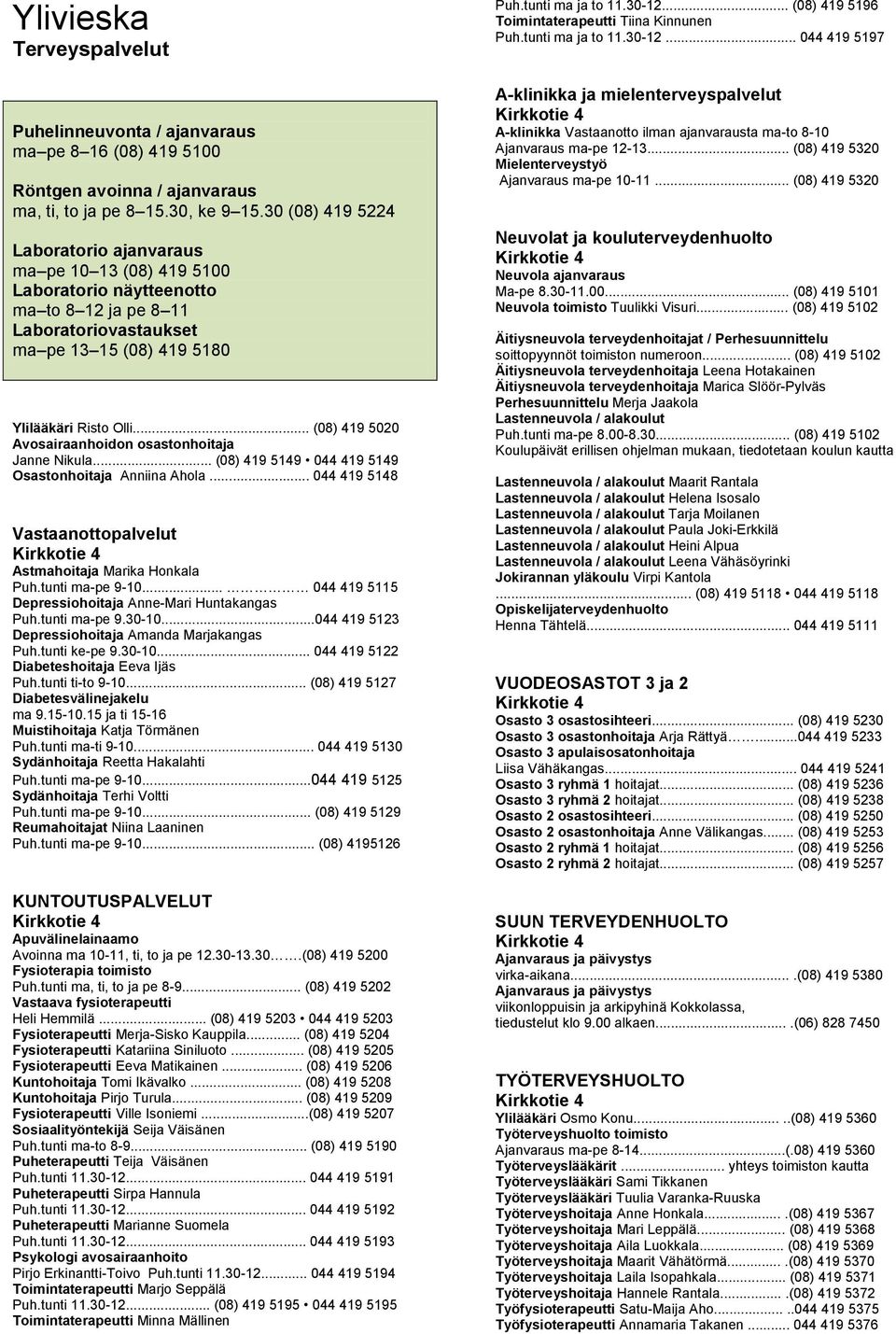 .. (08) 419 5020 Avosairaanhoidon osastonhoitaja Janne Nikula... (08) 419 5149 044 419 5149 Osastonhoitaja Anniina Ahola... 044 419 5148 Vastaanottopalvelut Astmahoitaja Marika Honkala Puh.