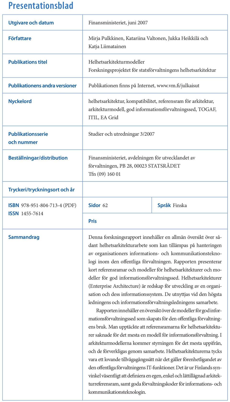 fi/julkaisut Nyckelord helhetsarkitektur, kompatibilitet, referensram för arkitektur, arkitekturmodell, god informationsförvaltningssed, TOGAF, ITIL, EA Grid Publikationsserie och nummer Studier och