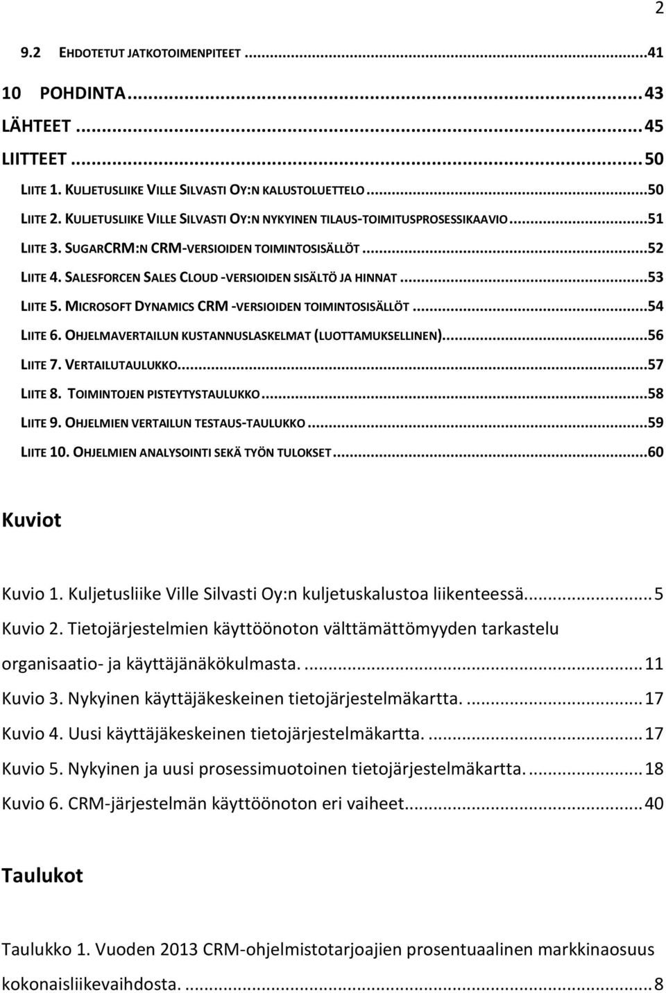 ..53 LIITE 5. MICROSOFT DYNAMICS CRM -VERSIOIDEN TOIMINTOSISÄLLÖT...54 LIITE 6. OHJELMAVERTAILUN KUSTANNUSLASKELMAT (LUOTTAMUKSELLINEN)...56 LIITE 7. VERTAILUTAULUKKO...57 LIITE 8.