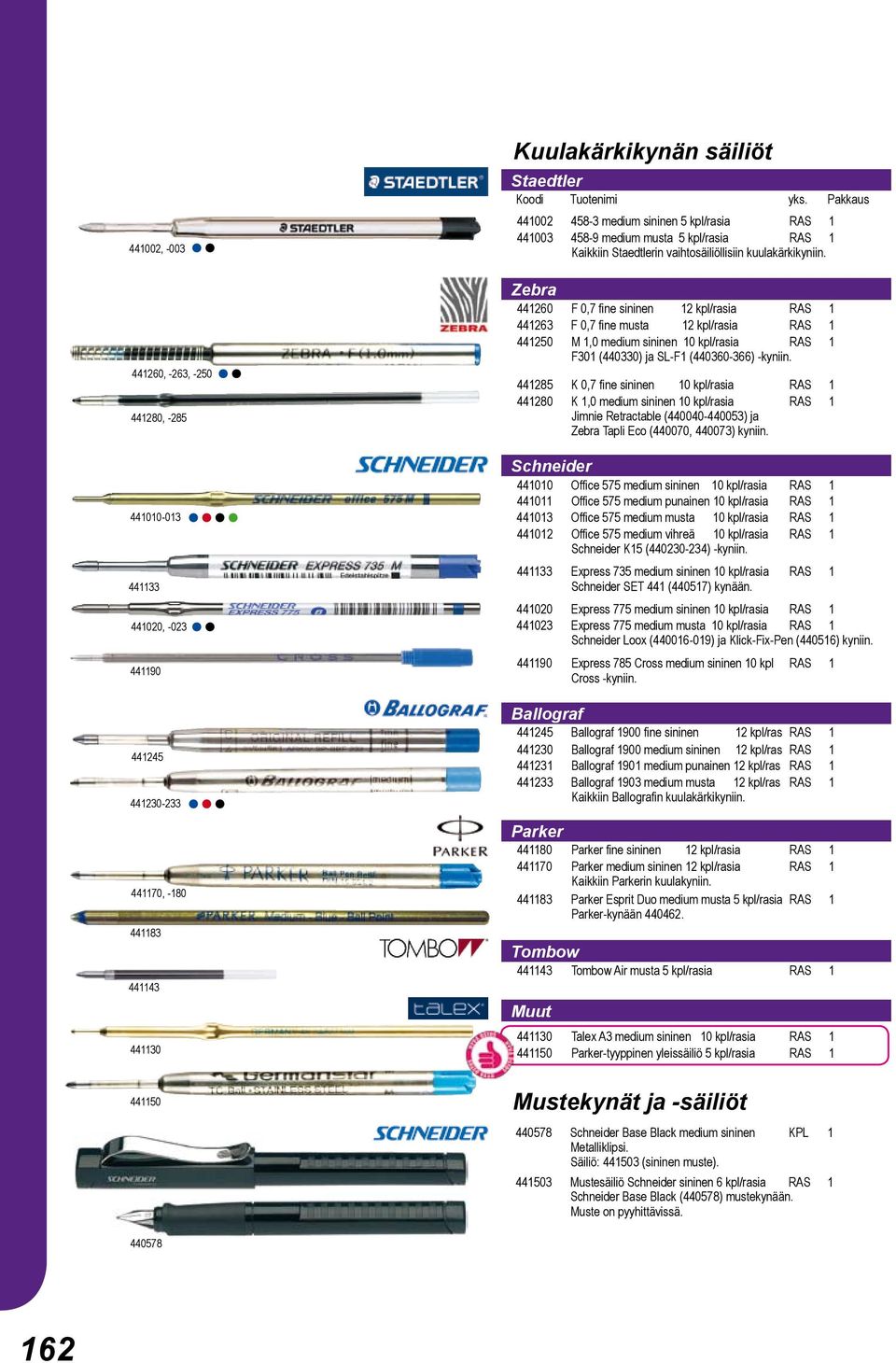 Zebra 441260 F 0,7 fine sininen 12 kpl/rasia RAS 1 441263 F 0,7 fine musta 12 kpl/rasia RAS 1 441250 M 1,0 medium sininen 10 kpl/rasia RAS 1 F301 (440330) ja SL-F1 (440360-366) -kyniin.