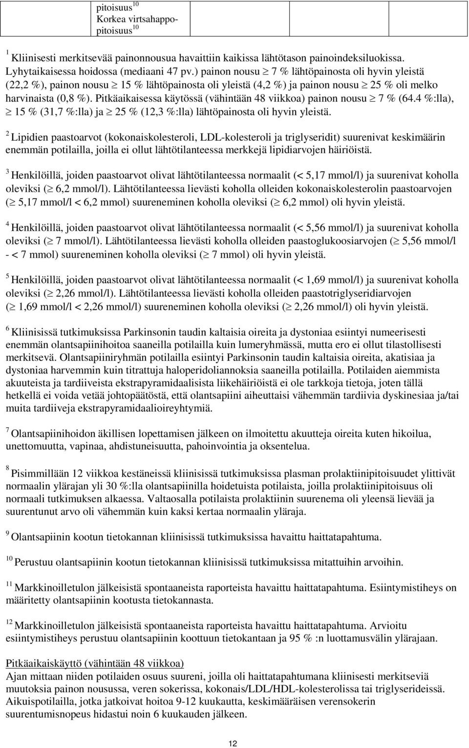 Pitkäaikaisessa käytössä (vähintään 48 viikkoa) painon nousu 7 % (64.4 %:lla), 15 % (31,7 %:lla) ja 25 % (12,3 %:lla) lähtöpainosta oli hyvin yleistä.