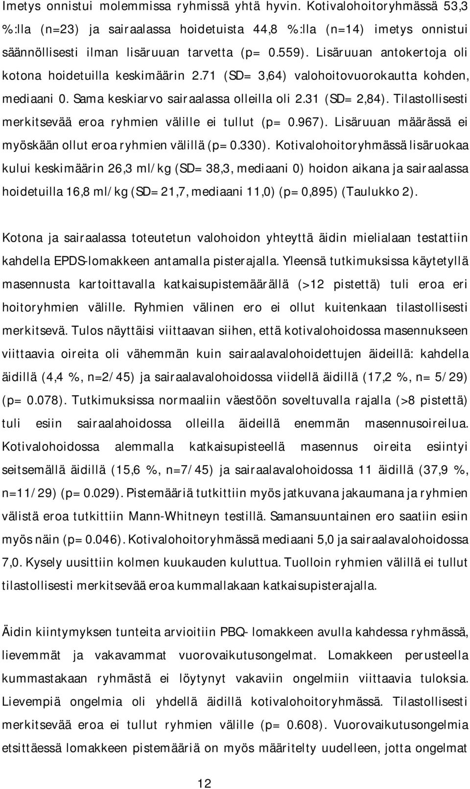 Tilastollisesti merkitsevää eroa ryhmien välille ei tullut (p= 0.967). Lisäruuan määrässä ei myöskäänolluteroaryhmienvälillä(p=0.330).