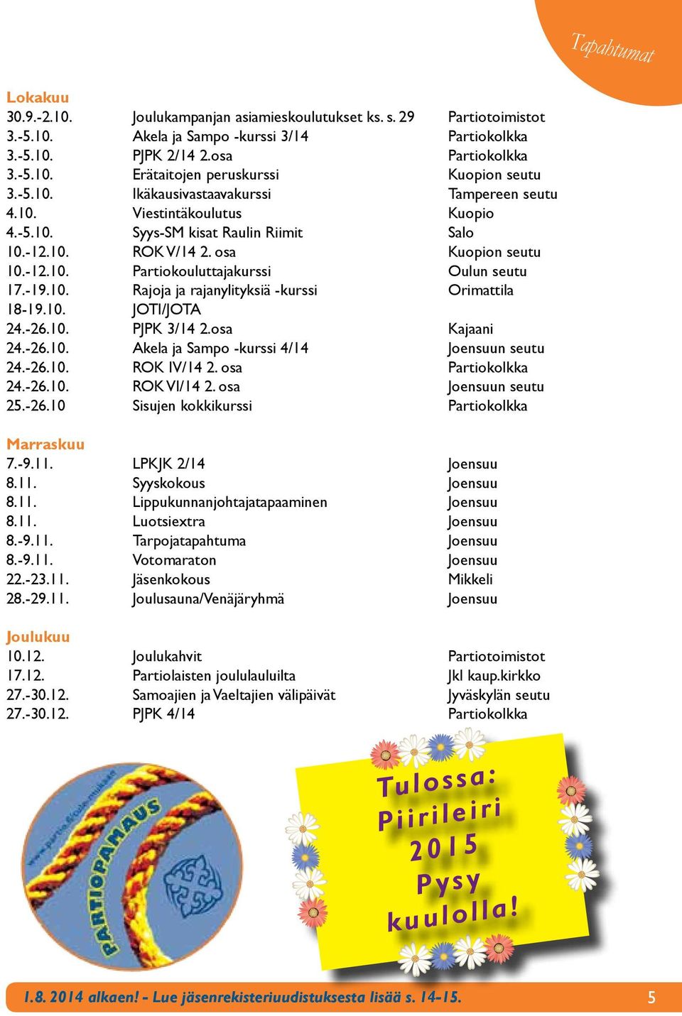 -19.10. Rajoja ja rajanylityksiä -kurssi Orimattila 18-19.10. JOTI/JOTA 24.-26.10. PJPK 3/14 2.osa Kajaani 24.-26.10. Akela ja Sampo -kurssi 4/14 Joensuun seutu 24.-26.10. ROK IV/14 2.