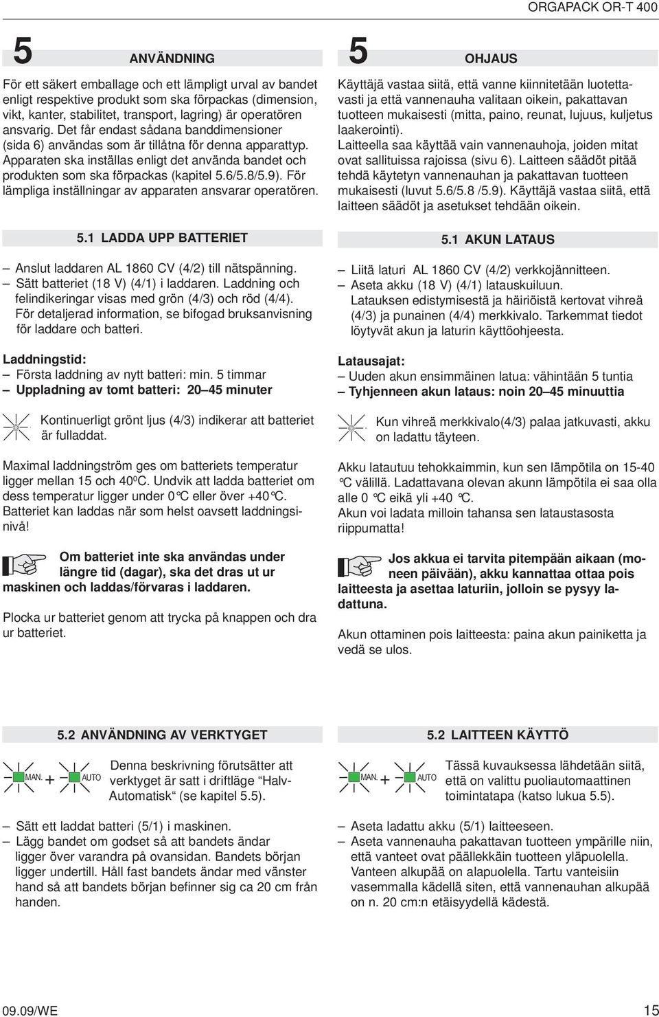 För lämpliga inställningar av apparaten ansvarar operatören. 5.1 LADDA UPP BATTERIET Anslut laddaren AL 1860 CV (4/2) till nätspänning. Sätt batteriet (18 V) (4/1) i laddaren.