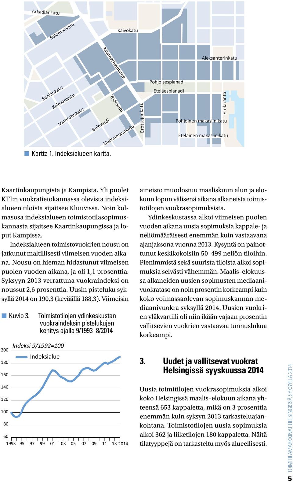 Yli puolet KTI:n vuokratietokannassa olevista indeksialueen tiloista sijaitsee Kluuvissa. Noin kolmasosa indeksialueen toimistotilasopimuskannasta sijaitsee Kaartinkaupungissa ja loput Kampissa.