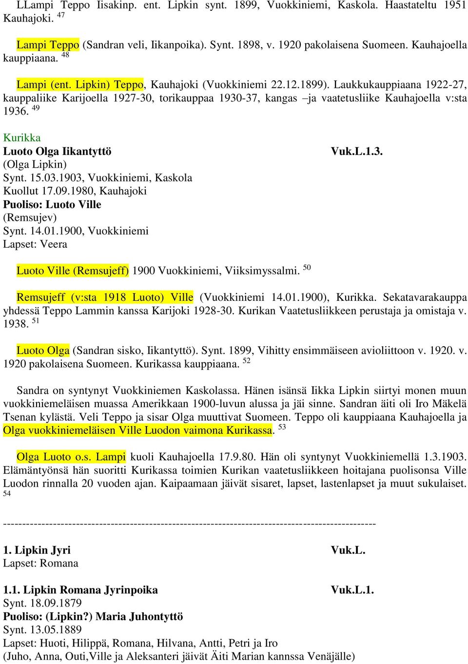 Laukkukauppiaana 1922-27, kauppaliike Karijoella 1927-30, torikauppaa 1930-37, kangas ja vaatetusliike Kauhajoella v:sta 1936. 49 Kurikka Luoto Olga Iikantyttö (Olga Lipkin) Synt. 15.03.