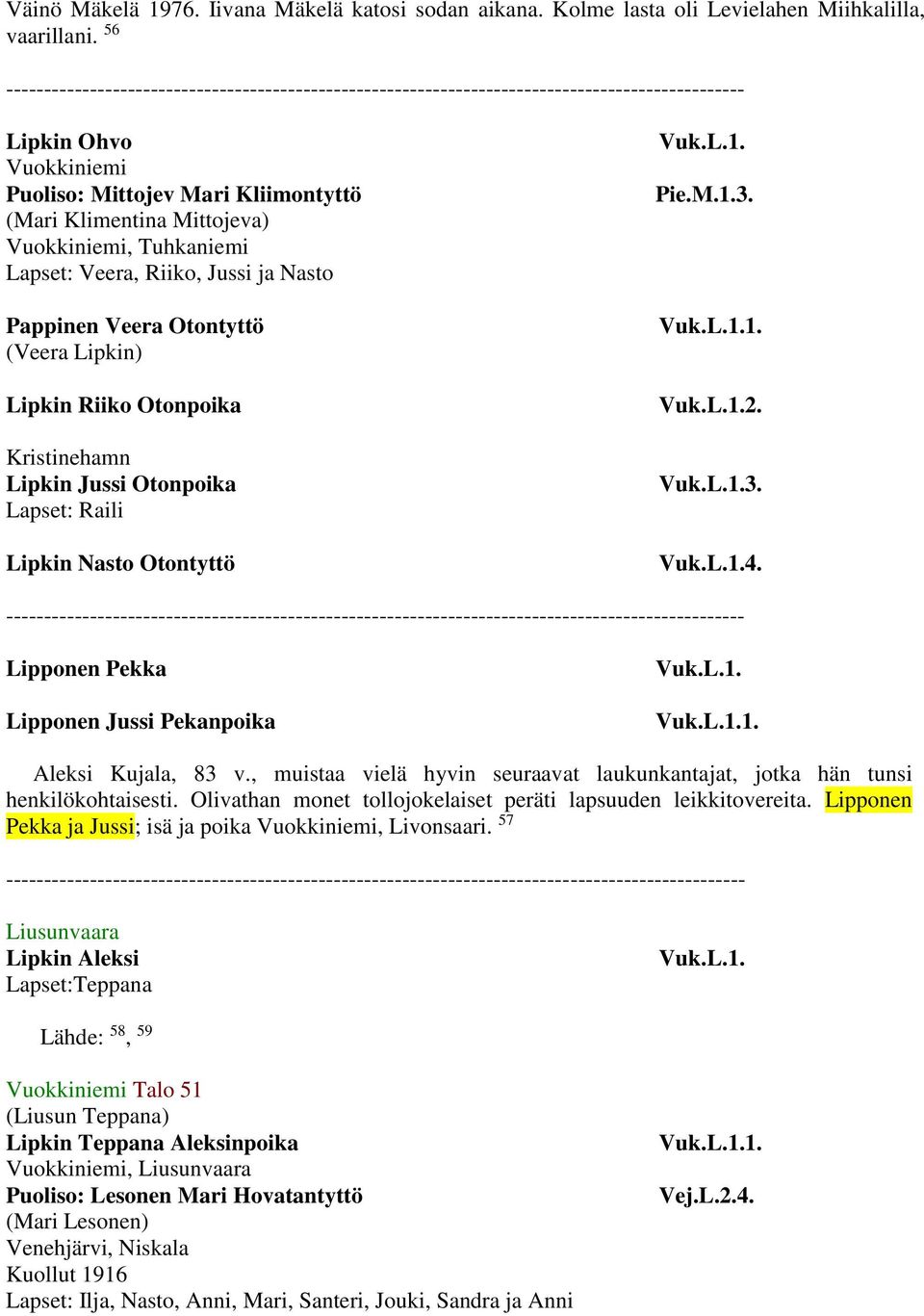 Riiko Otonpoika Kristinehamn Lipkin Jussi Otonpoika Lapset: Raili Lipkin Nasto Otontyttö Vuk.L.1. Pie.M.1.3. Vuk.L.1.2. Vuk.L.1.3. Vuk.L.1.4. Lipponen Pekka Lipponen Jussi Pekanpoika Vuk.L.1. Aleksi Kujala, 83 v.