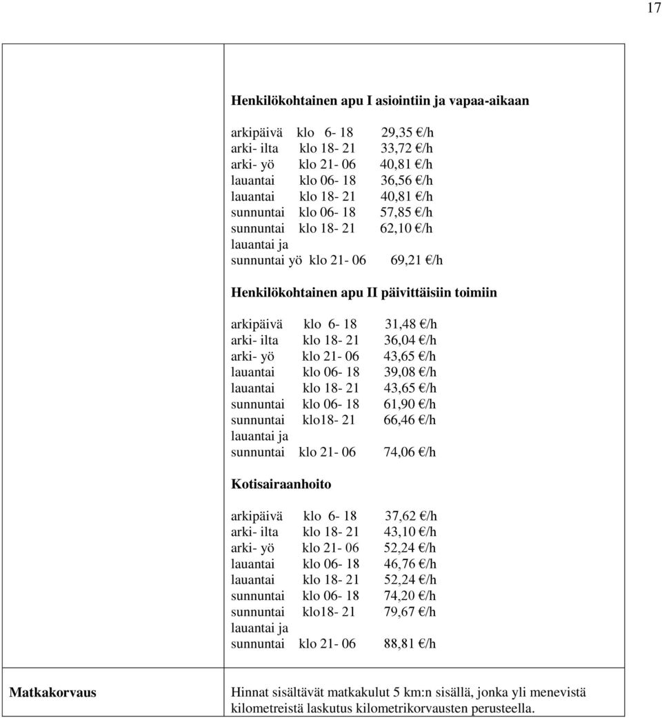 36,04 /h arki- yö klo 21-06 43,65 /h lauantai klo 06-18 39,08 /h lauantai klo 18-21 43,65 /h sunnuntai klo 06-18 61,90 /h sunnuntai klo18-21 66,46 /h lauantai ja sunnuntai klo 21-06 74,06 /h