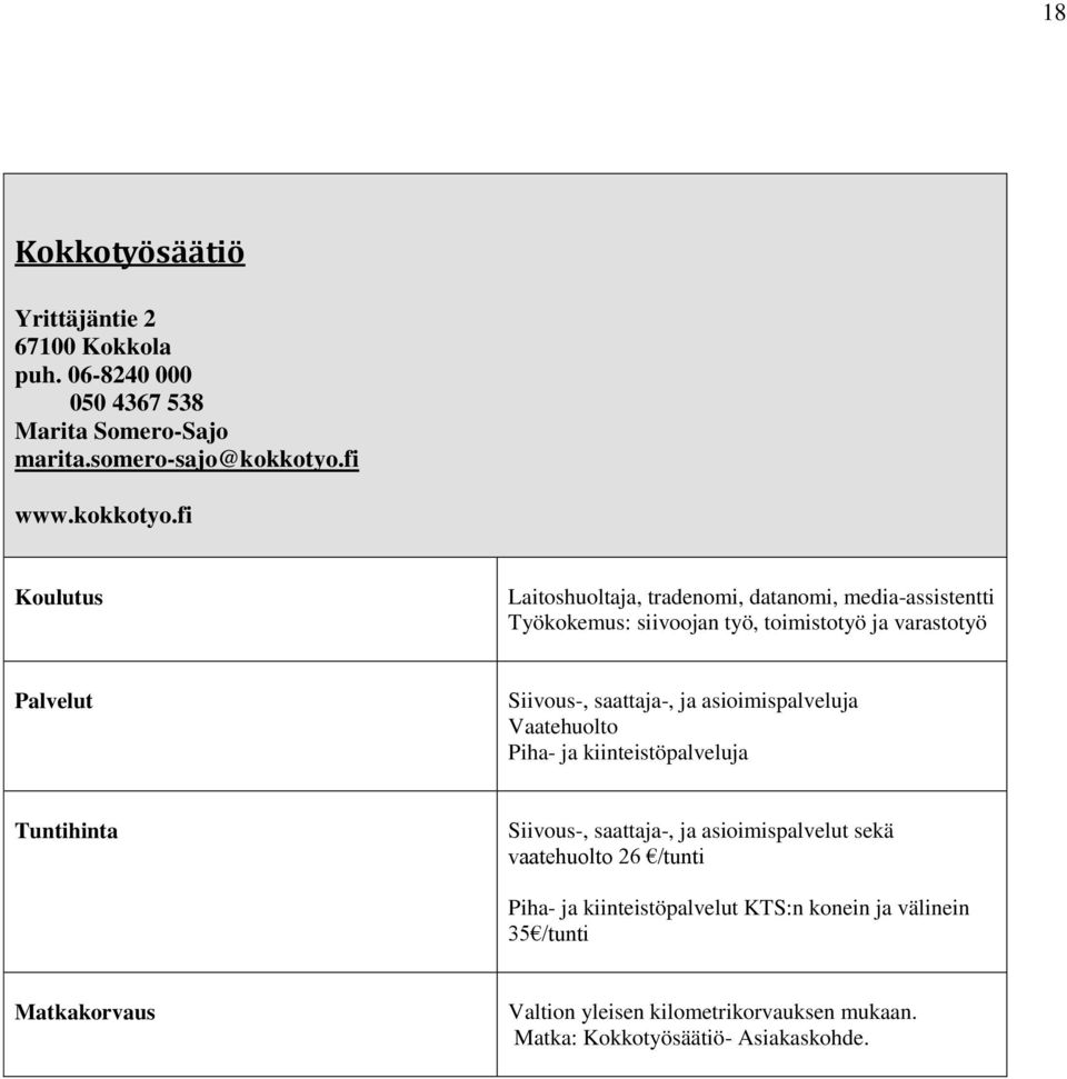 fi Laitoshuoltaja, tradenomi, datanomi, media-assistentti Työkokemus: siivoojan työ, toimistotyö ja varastotyö Siivous-, saattaja-, ja