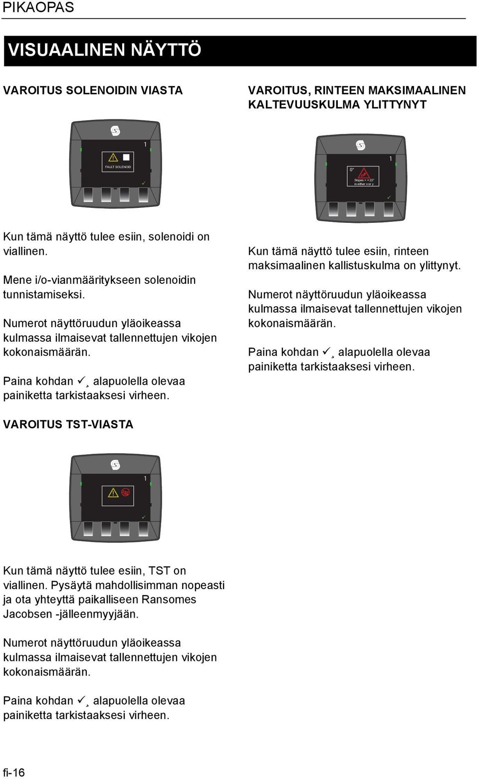 Numerot näyttöruudun yläoikeassa kulmassa ilmaisevat tallennettujen vikojen kokonaismäärän. Kun tämä näyttö tulee esiin, rinteen maksimaalinen kallistuskulma on ylittynyt.