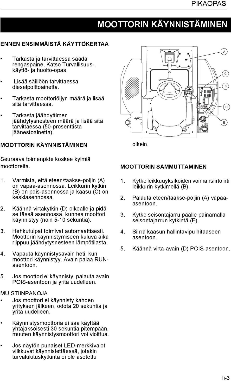 A C B D E MOOTTORIN KÄYNNISTÄMINEN Seuraava toimenpide koskee kylmiä moottoreita. 1. Varmista, että eteen/taakse-poljin (A) on vapaa-asennossa.