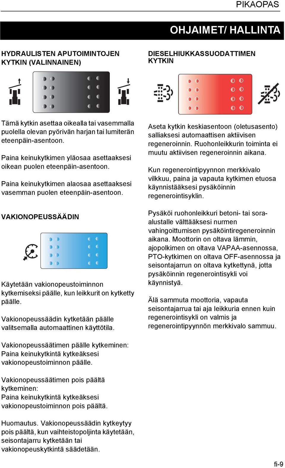 VAKIONOPEUSSÄÄDIN Käytetään vakionopeustoiminnon kytkemiseksi päälle, kun leikkurit on kytketty päälle. Vakionopeussäädin kytketään päälle valitsemalla automaattinen käyttötila.