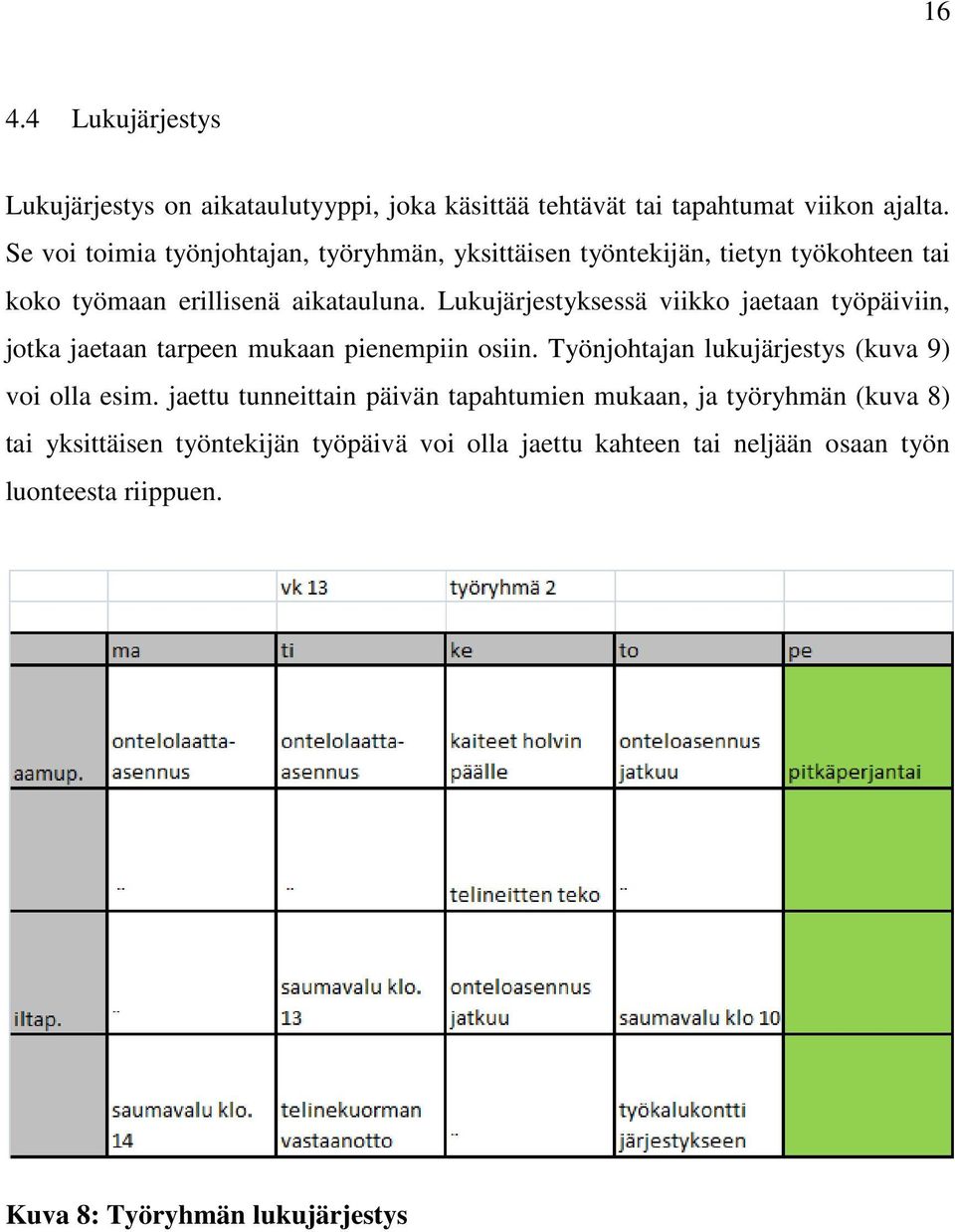 Lukujärjestyksessä viikko jaetaan työpäiviin, jotka jaetaan tarpeen mukaan pienempiin osiin. Työnjohtajan lukujärjestys (kuva 9) voi olla esim.