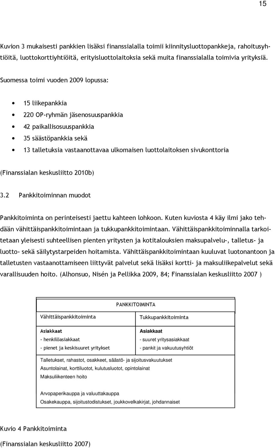 sivukonttoria (Finanssialan keskusliitto 2010b) 3.2 Pankkitoiminnan muodot Pankkitoiminta on perinteisesti jaettu kahteen lohkoon.
