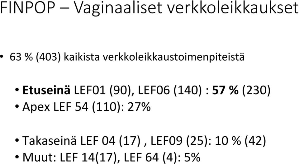 (140) : 57 % (230) Apex LEF 54 (110): 27% Takaseinä LEF 04