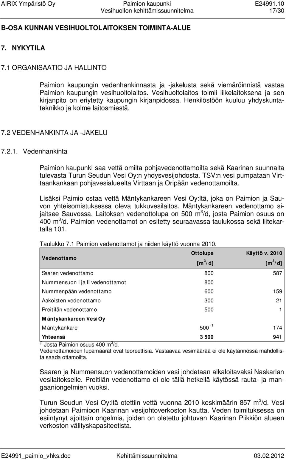Vesihuoltolaitos toimii liikelaitoksena ja sen kirjanpito on eriytetty kaupungin kirjanpidossa. Henkilöstöön kuuluu yhdyskuntateknikko ja kolme laitosmiestä. 7.2 VEDENHANKINTA JA -JAKELU 7.2.1.