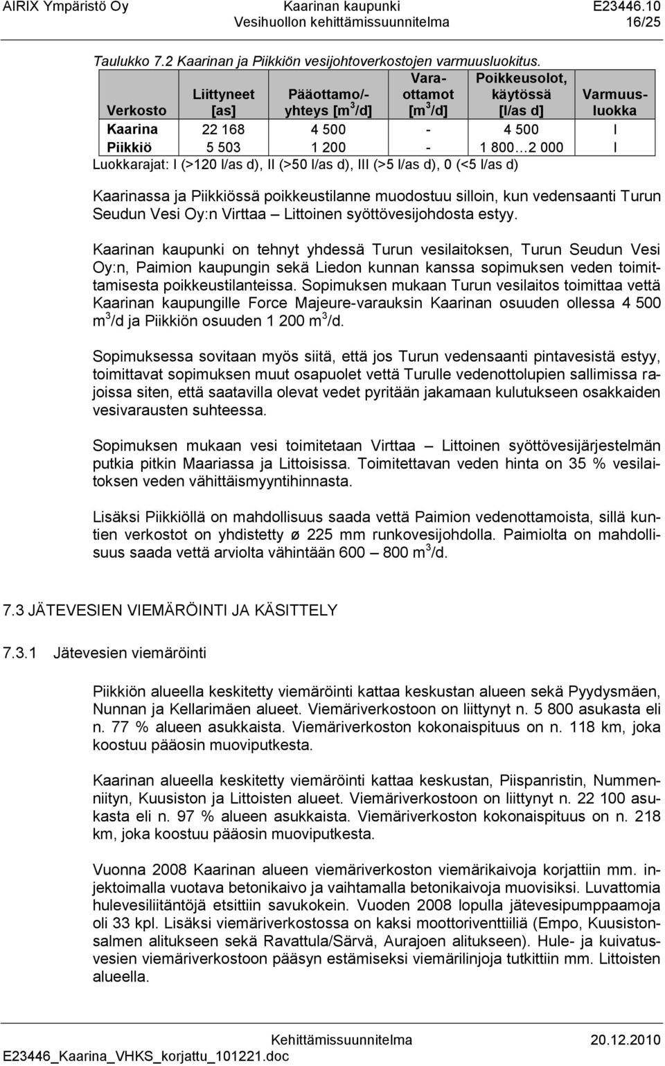 (>120 l/as d), II (>50 l/as d), III (>5 l/as d), 0 (<5 l/as d) Kaarinassa ja Piikkiössä poikkeustilanne muodostuu silloin, kun vedensaanti Turun Seudun Vesi Oy:n Virttaa Littoinen syöttövesijohdosta