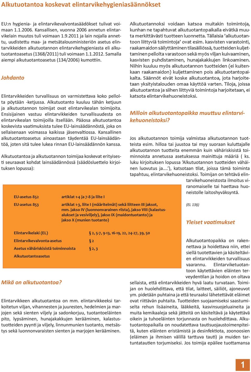 Samalla aiempi alkutuotantoasetus (134/2006) kumottiin. Johdanto Elintarvikkeiden turvallisuus on varmistettava koko pellolta pöytään -ketjussa.