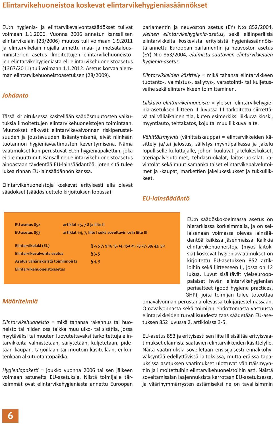 2011 ja elintarvikelain nojalla annettu maa- ja metsätalousministeriön asetus ilmoitettujen elintarvikehuoneistojen elintarvikehygieniasta eli elintarvikehuoneistoasetus (1367/2011) tuli voimaan 1.1.2012.