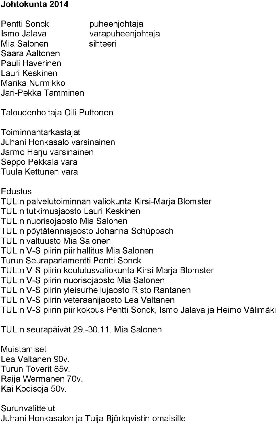 tutkimusjaosto Lauri Keskinen TUL:n nuorisojaosto Mia Salonen TUL:n pöytätennisjaosto Johanna Schüpbach TUL:n valtuusto Mia Salonen TUL:n V-S piirin piirihallitus Mia Salonen Turun Seuraparlamentti