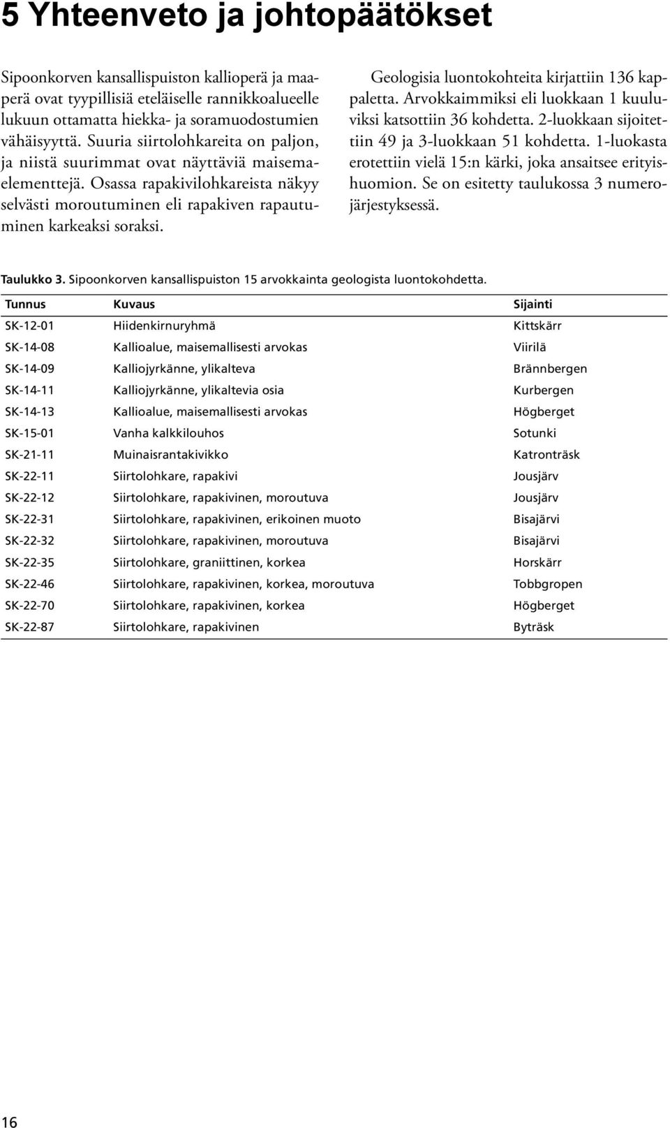 Geologisia luontokohteita kirjattiin 136 kappaletta. Arvokkaimmiksi eli luokkaan 1 kuuluviksi katsottiin 36 kohdetta. 2-luokkaan sijoitettiin 49 ja 3-luokkaan 51 kohdetta.