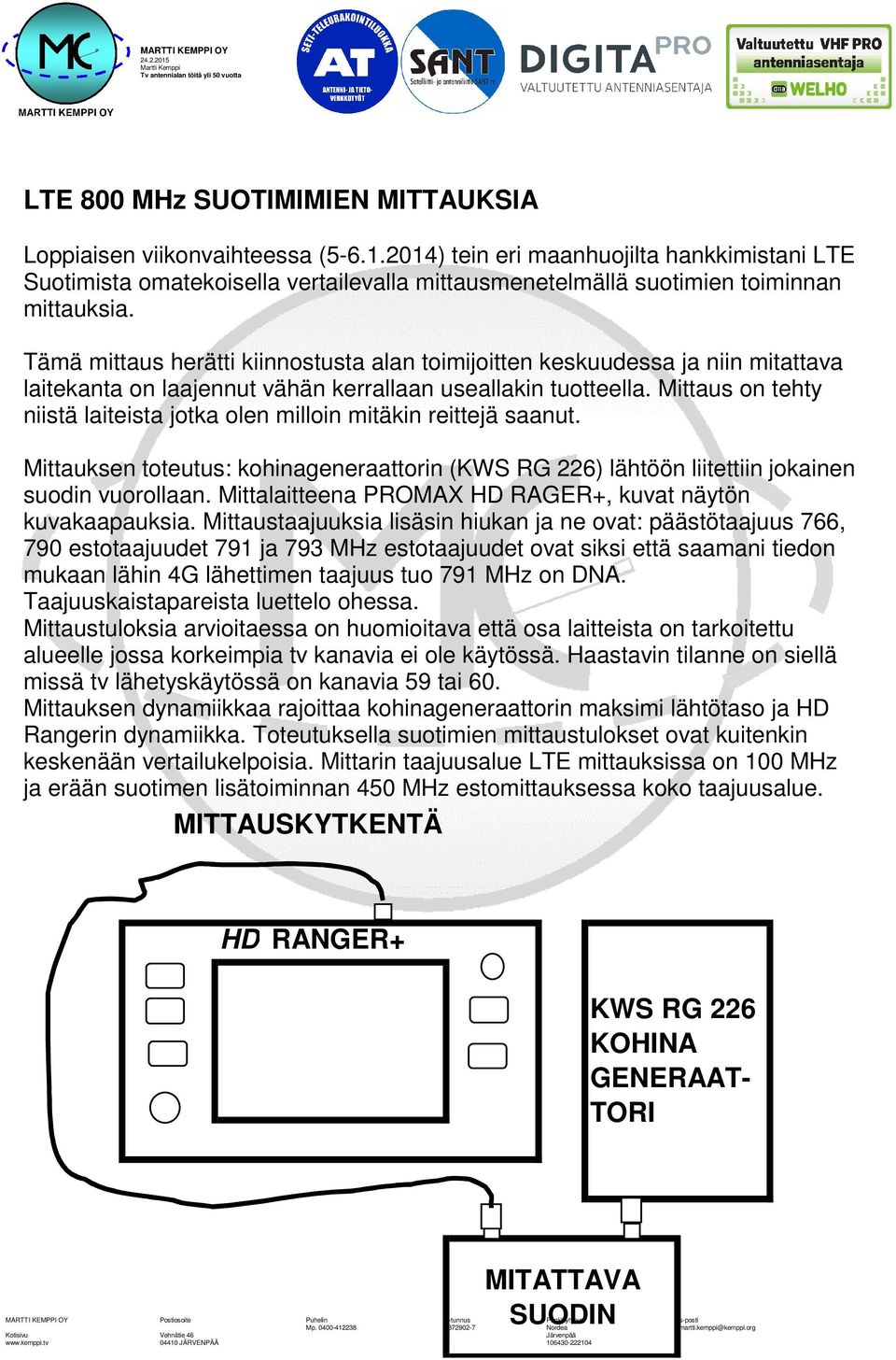 Mittaus on tehty niistä laiteista jotka olen milloin mitäkin reittejä saanut. Mittauksen toteutus: kohinageneraattorin (KWS RG 226) lähtöön liitettiin jokainen suodin vuorollaan.