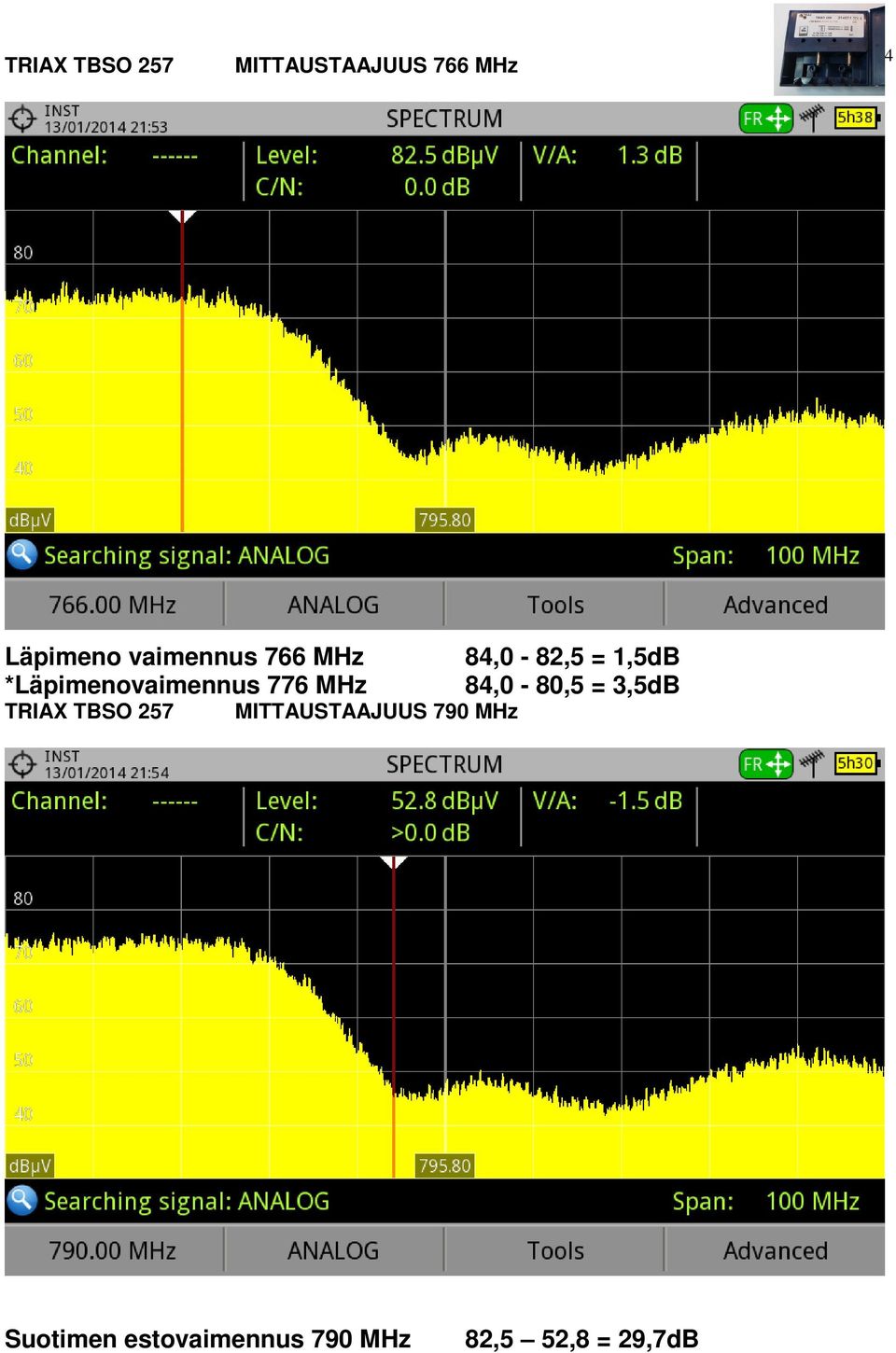 257 MITTAUSTAAJUUS 790 MHz 84,0-82,5 = 1,5dB 84,0-80,5 =