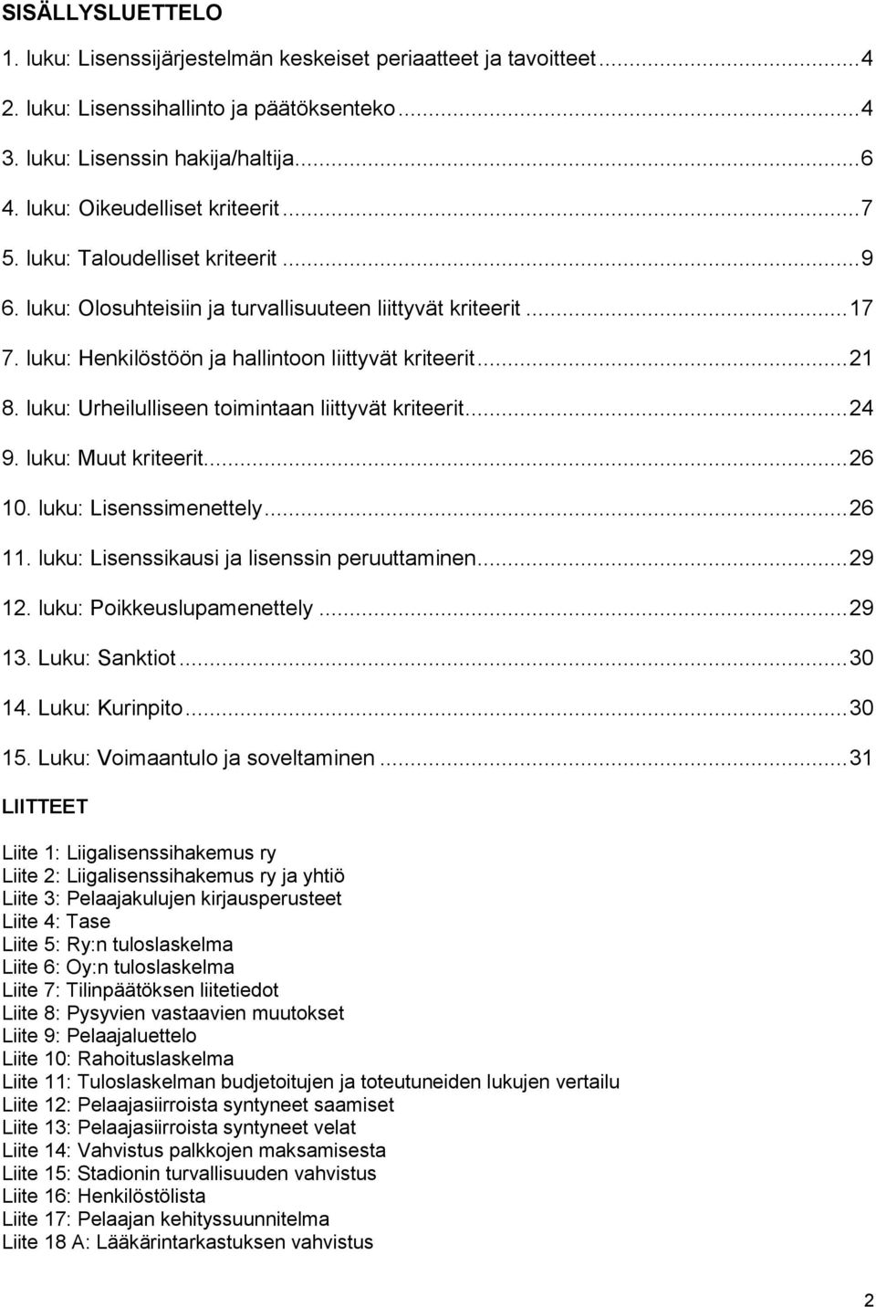 .. 21 8. luku: Urheilulliseen toimintaan liittyvät kriteerit... 24 9. luku: Muut kriteerit... 26 10. luku: Lisenssimenettely... 26 11. luku: Lisenssikausi ja lisenssin peruuttaminen... 29 12.