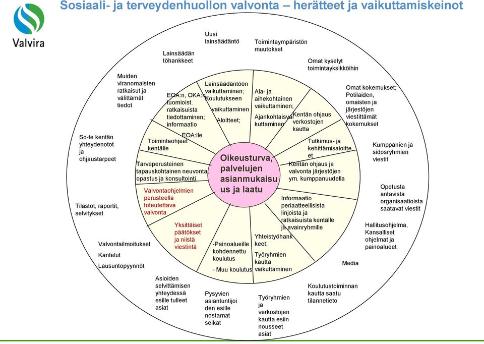 ratkaisuista vaikuttaminen tiedottaminen; Aloitteet; informaatio EOA:lle Toimintaohjeet kentälle Tarveperusteinen tapauskohtainen neuvonta, opastus ja konsultointi Valvontaohjelmien perusteella