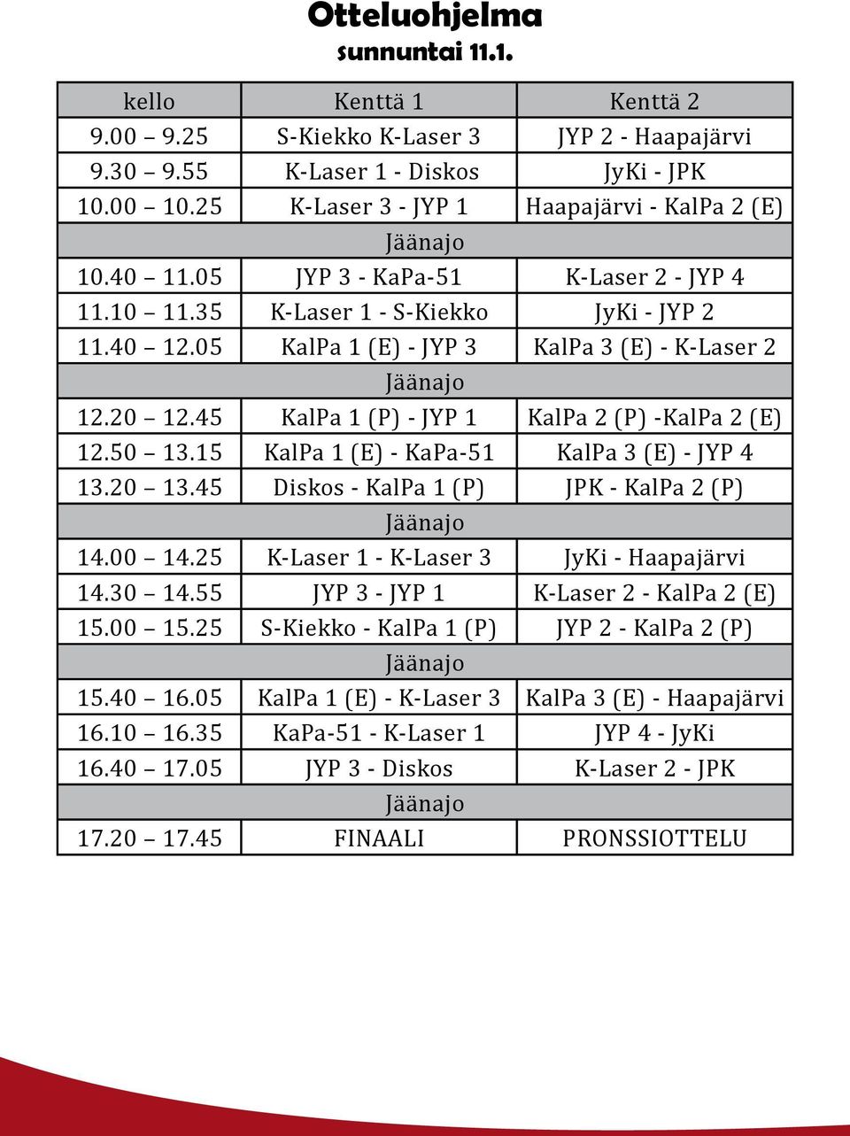 45 KalPa 1 (P) - JYP 1 KalPa 2 (P) -KalPa 2 (E) 12.50 13.15 KalPa 1 (E) - KaPa-51 KalPa 3 (E) - JYP 4 13.20 13.45 Diskos - KalPa 1 (P) JPK - KalPa 2 (P) 14.00 14.