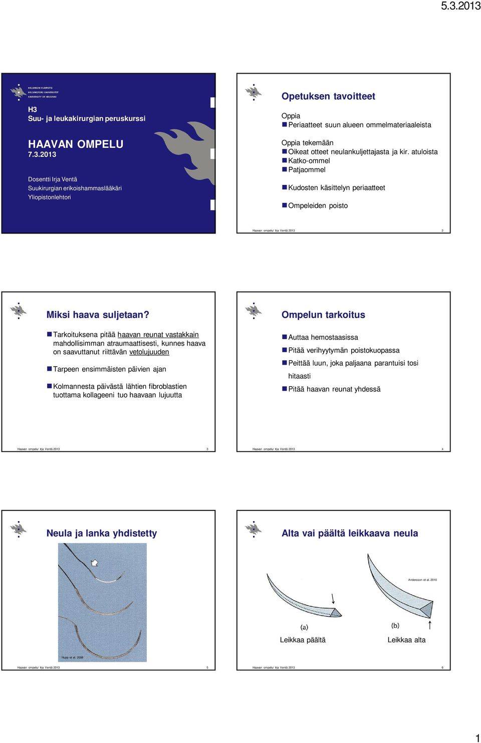 2013 Dosentti Irja Ventä Suukirurgian erikoishammaslääkäri Yliopistonlehtori Oppia Periaatteet suun alueen ommelmateriaaleista Oppia tekemään Oikeat otteet neulankuljettajasta ja kir.