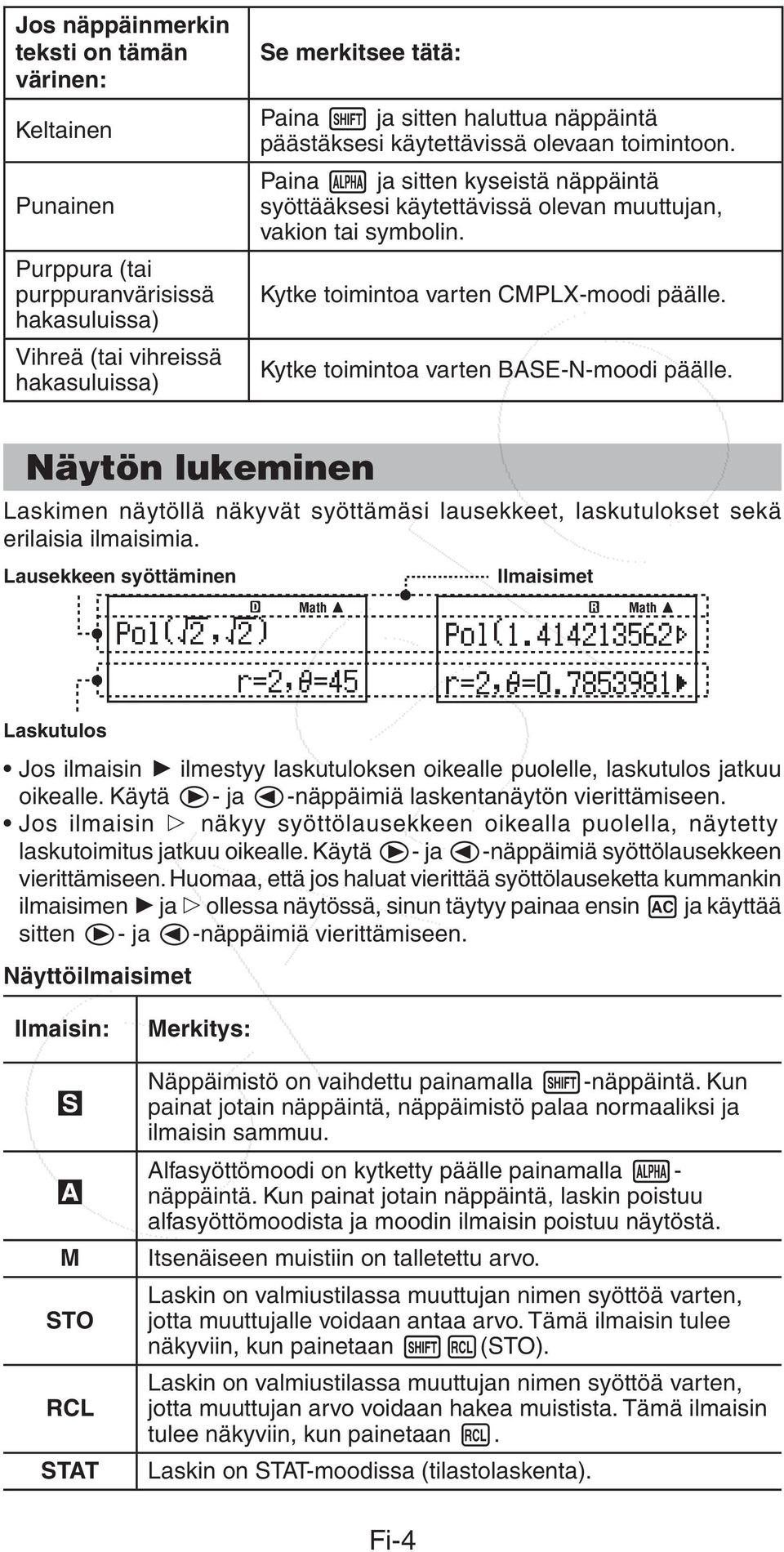 Kytke toimintoa varten CMPLX-moodi päälle. Kytke toimintoa varten BASE-N-moodi päälle. Näytön lukeminen Laskimen näytöllä näkyvät syöttämäsi lausekkeet, laskutulokset sekä erilaisia ilmaisimia.