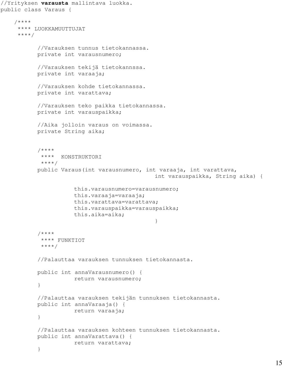 private String aika; **** KONSTRUKTORI public Varaus(int varausnumero, int varaaja, int varattava, int varauspaikka, String aika) { **** FUNKTIOT this.varausnumero=varausnumero; this.