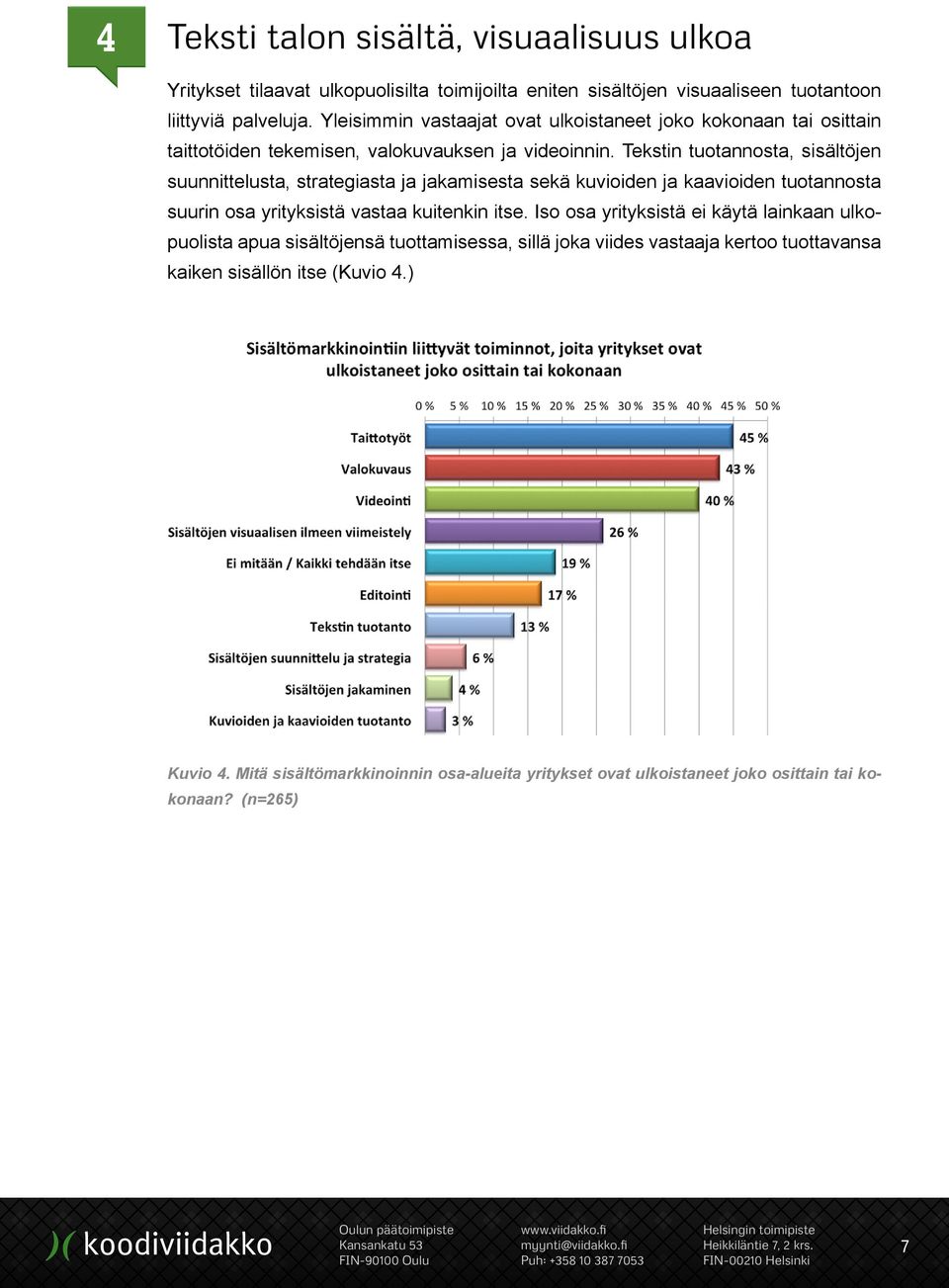 Tekstin tuotannosta, sisältöjen suunnittelusta, strategiasta ja jakamisesta sekä kuvioiden ja kaavioiden tuotannosta suurin osa yrityksistä vastaa kuitenkin itse.