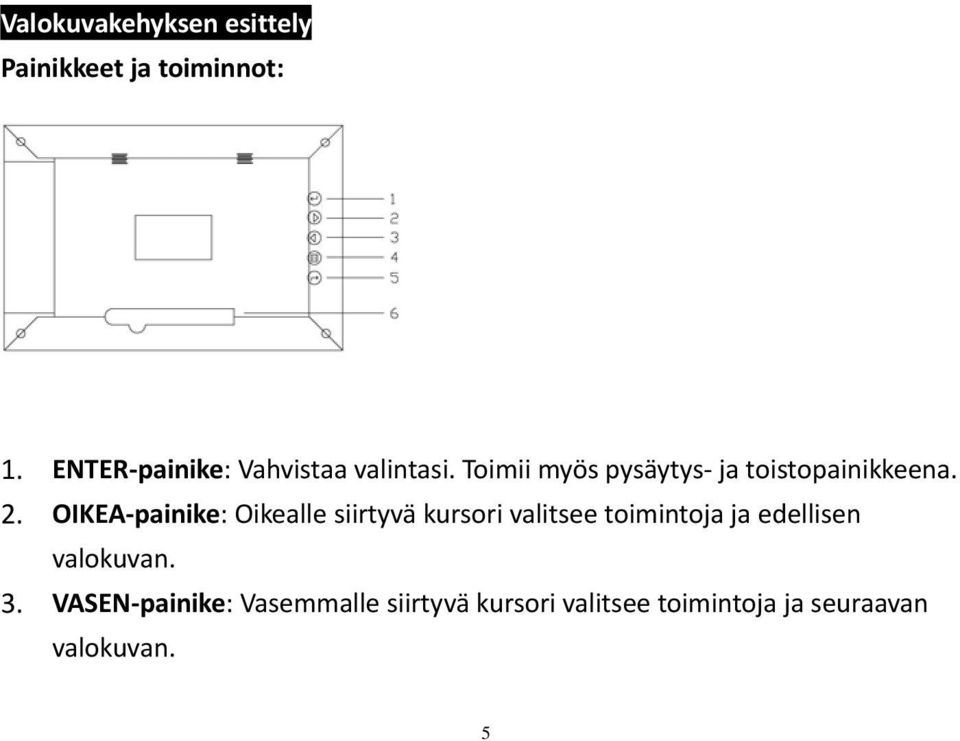 2. OIKEA painike: Oikealle siirtyvä kursori valitsee toimintoja ja edellisen