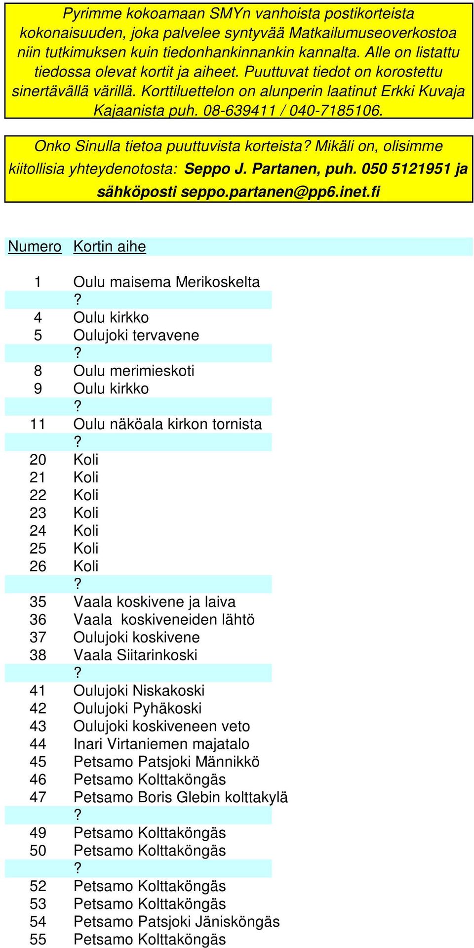 Onko Sinulla tietoa puuttuvista korteista Mikäli on, olisimme kiitollisia yhteydenotosta: Seppo J. Partanen, puh. 050 5121951 ja sähköposti seppo.partanen@pp6.inet.