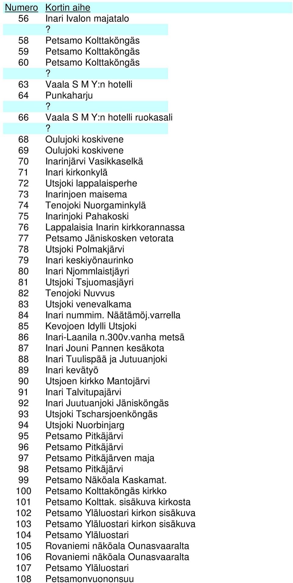 kirkkorannassa 77 Petsamo Jäniskosken vetorata 78 Utsjoki Polmakjärvi 79 Inari keskiyönaurinko 80 Inari Njommlaistjäyri 81 Utsjoki Tsjuomasjäyri 82 Tenojoki Nuvvus 83 Utsjoki venevalkama 84 Inari