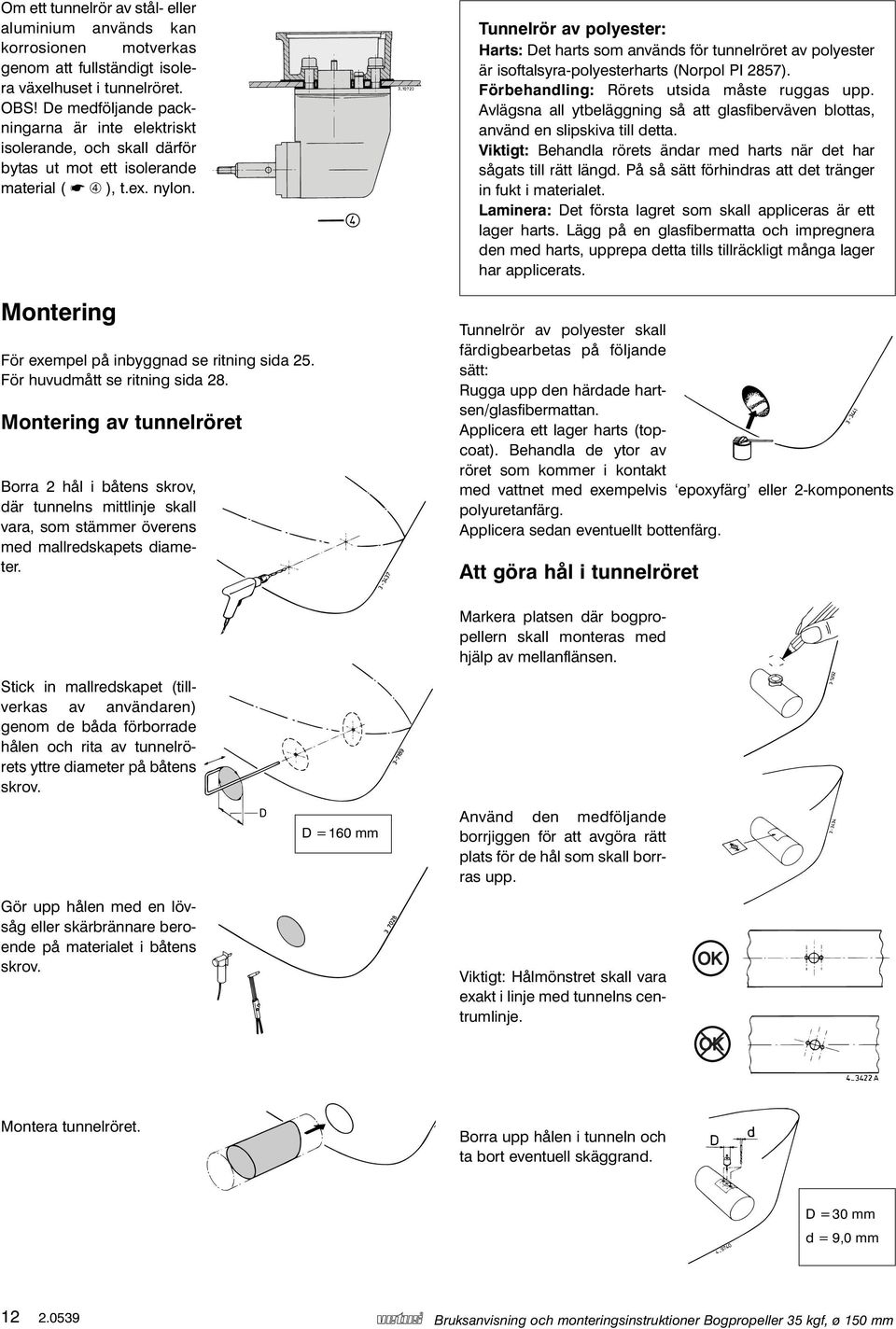 För huvudmått se ritning sida 28. Montering av tunnelröret Borra 2 hål i båtens skrov, där tunnelns mittlinje skall vara, som stämmer överens med mallredskapets diameter.