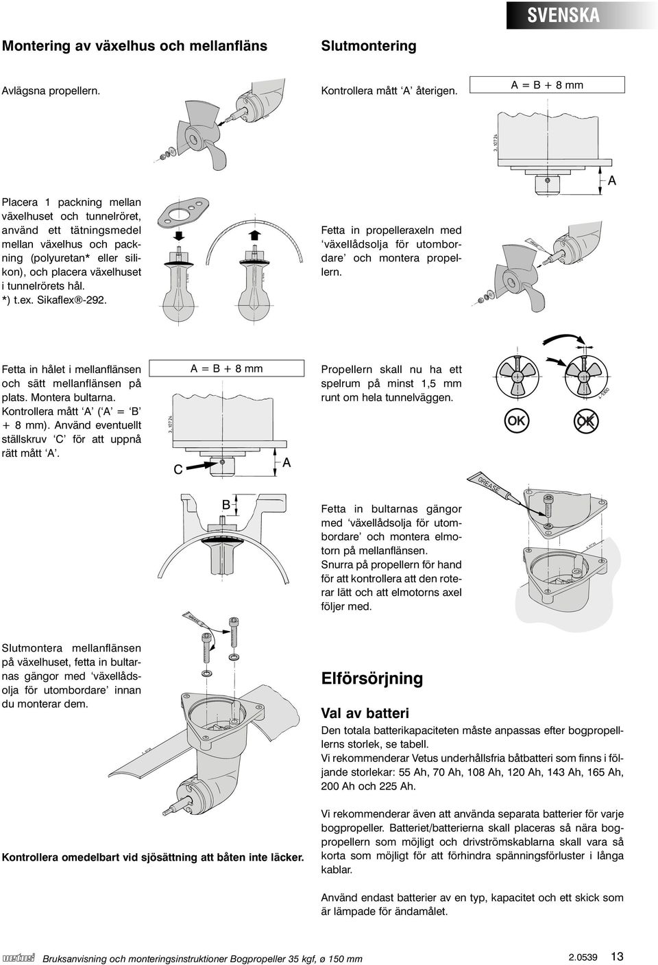 ex. Sikaflex -292. Fetta in propelleraxeln med växellådsolja för utombordare och montera propellern. Fetta in hålet i mellanflänsen och sätt mellanflänsen på plats. Montera bultarna.