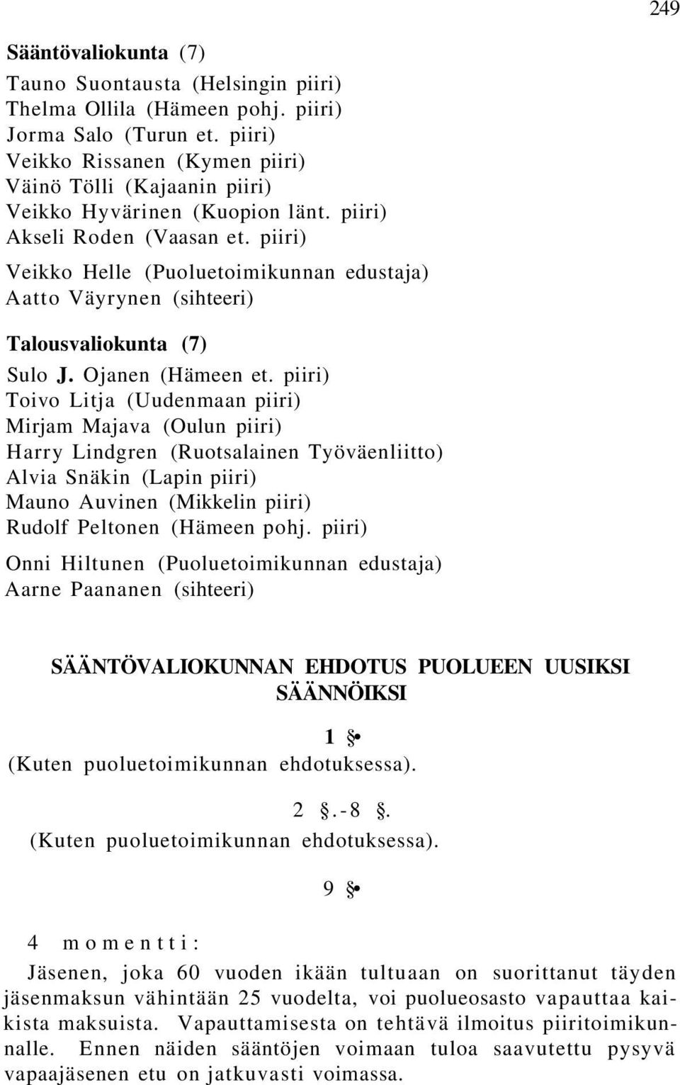 piiri) Veikko Helle (Puoluetoimikunnan edustaja) Aatto Väyrynen (sihteeri) Talousvaliokunta (7) Sulo J. Ojanen (Hämeen et.