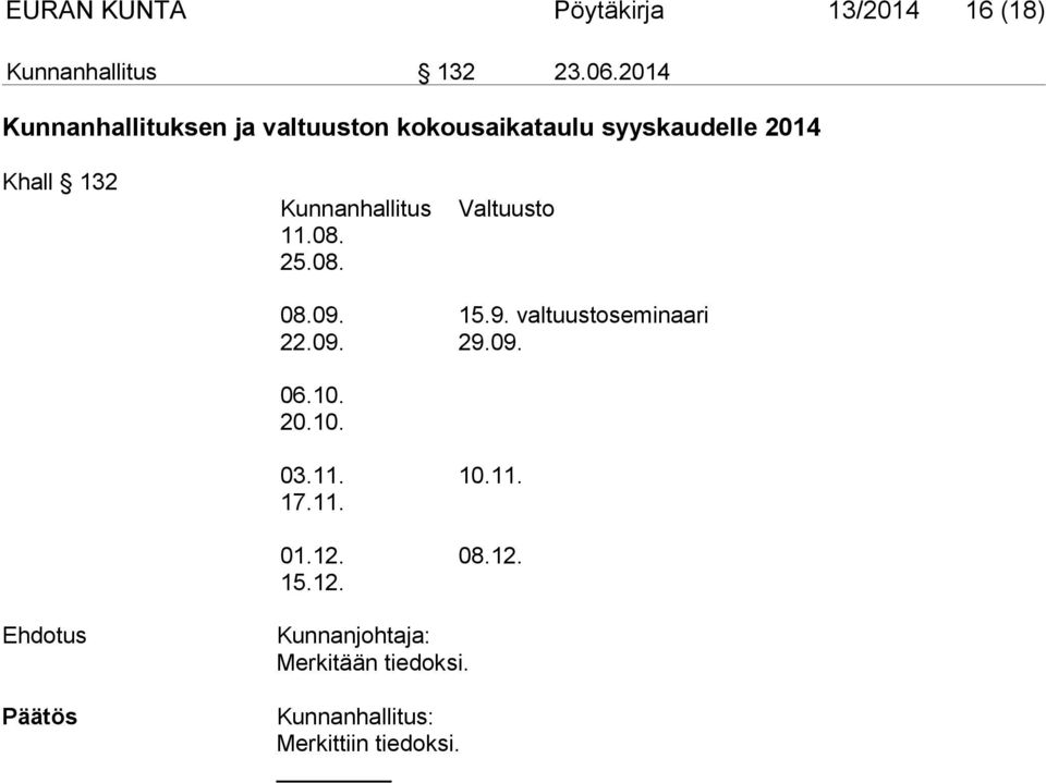 Kunnanhallitus 11.08. 25.08. Valtuusto 08.09. 15.9. valtuustoseminaari 22.09. 29.