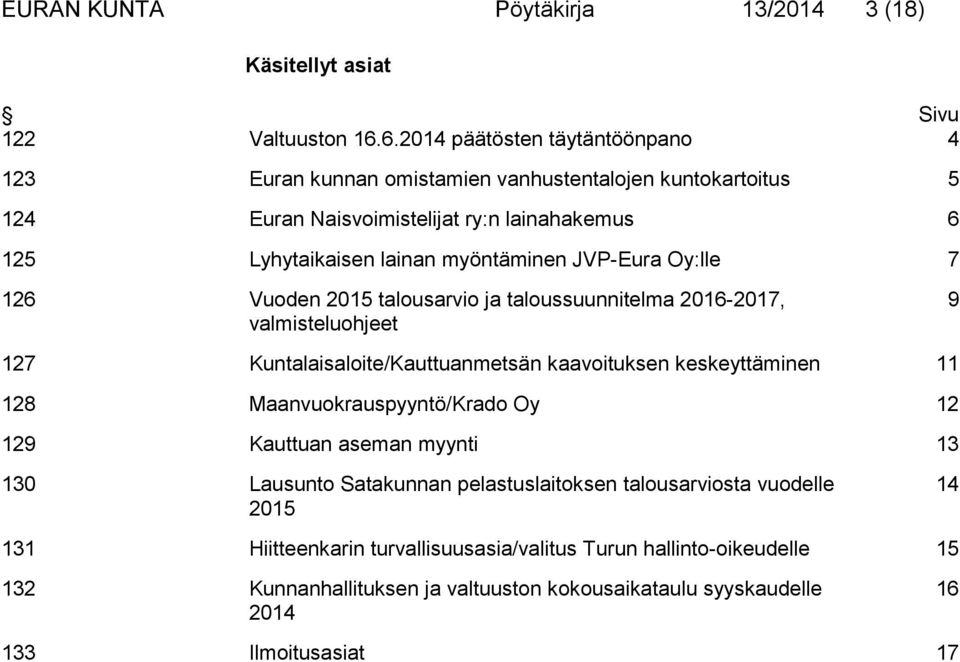 JVP-Eura Oy:lle 7 126 Vuoden 2015 talousarvio ja taloussuunnitelma 2016-2017, valmisteluohjeet 9 127 Kuntalaisaloite/Kauttuanmetsän kaavoituksen keskeyttäminen 11 128