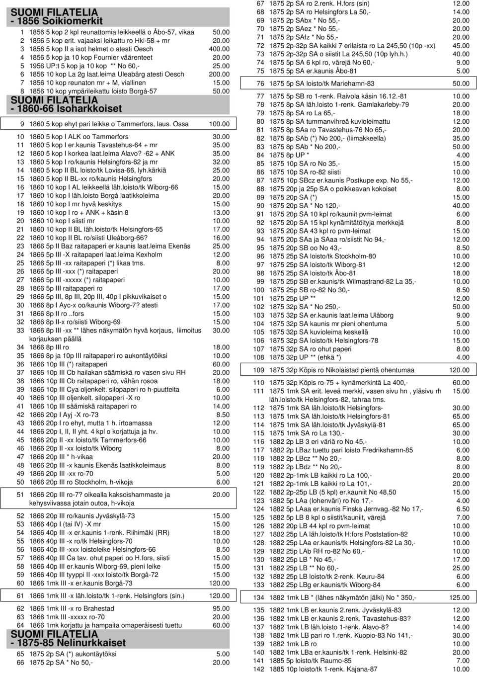 00 7 1856 10 kop reunaton mr + M, viallinen 1 8 1856 10 kop ympärileikattu loisto Borgå-57-1860-66 Isoharkkoiset 9 1860 5 kop ehyt pari leikke o Tammerfors, laus. Ossa 100.