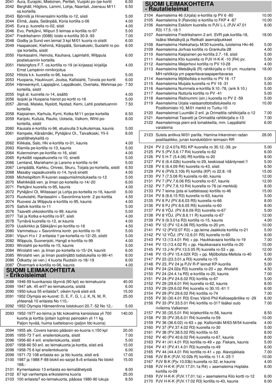 kuorella ro-02, siisti 2046 Evo, Perkjärvi, Wiipuri 5 leimaa e-kortilla ro-97 2047 Fredrikshamn (0088) loisto e-kortilla 30.9.-93 2048 Godby ja Sund ven.