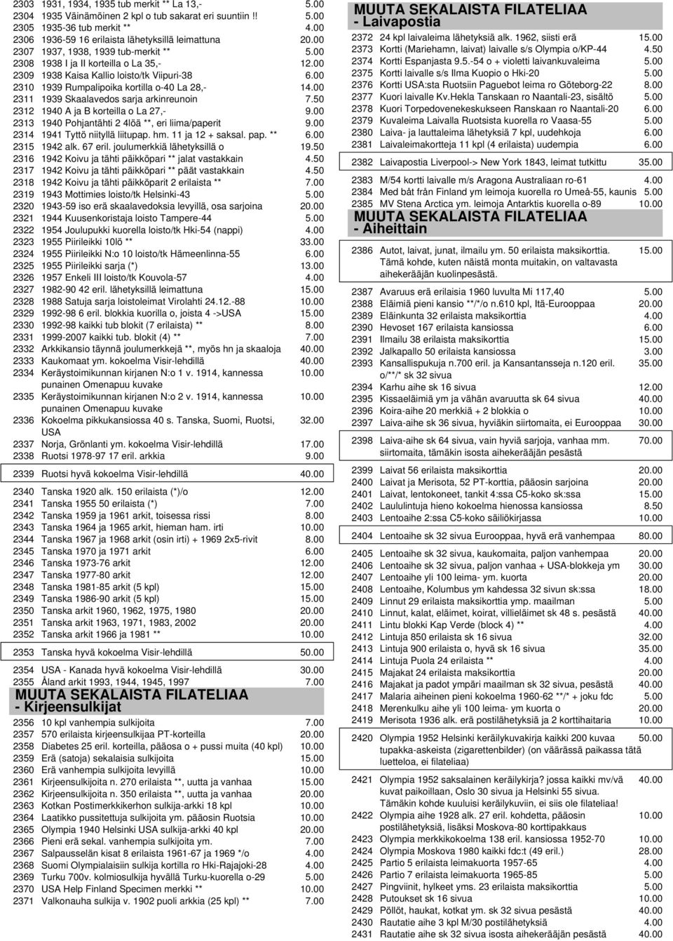 2310 1939 Rumpalipoika kortilla o-40 La 28,- 1 2311 1939 Skaalavedos sarja arkinreunoin 2312 1940 A ja B korteilla o La 27,- 2313 1940 Pohjantähti 2 4löä **, eri liima/paperit 2314 1941 Tyttö