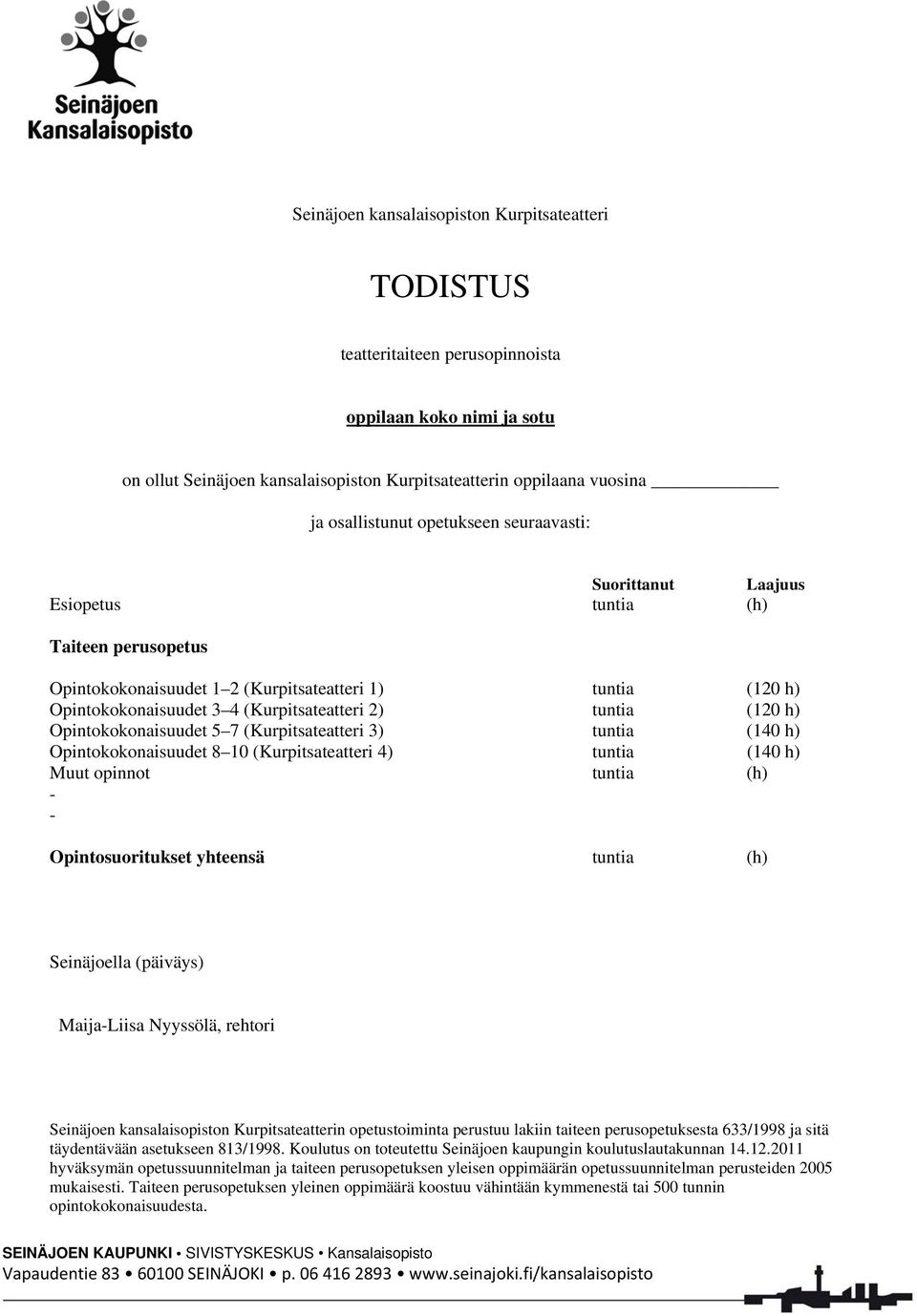 (120 h) Opintokokonaisuudet 5 7 (Kurpitsateatteri 3) tuntia (140 h) Opintokokonaisuudet 8 10 (Kurpitsateatteri 4) tuntia (140 h) Muut opinnot tuntia (h) - - Opintosuoritukset yhteensä tuntia (h)