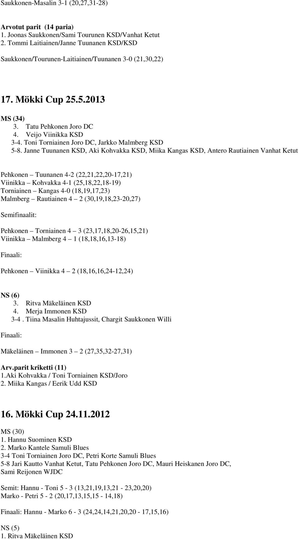 Toni Torniainen Joro DC, Jarkko Malmberg KSD 5-8.