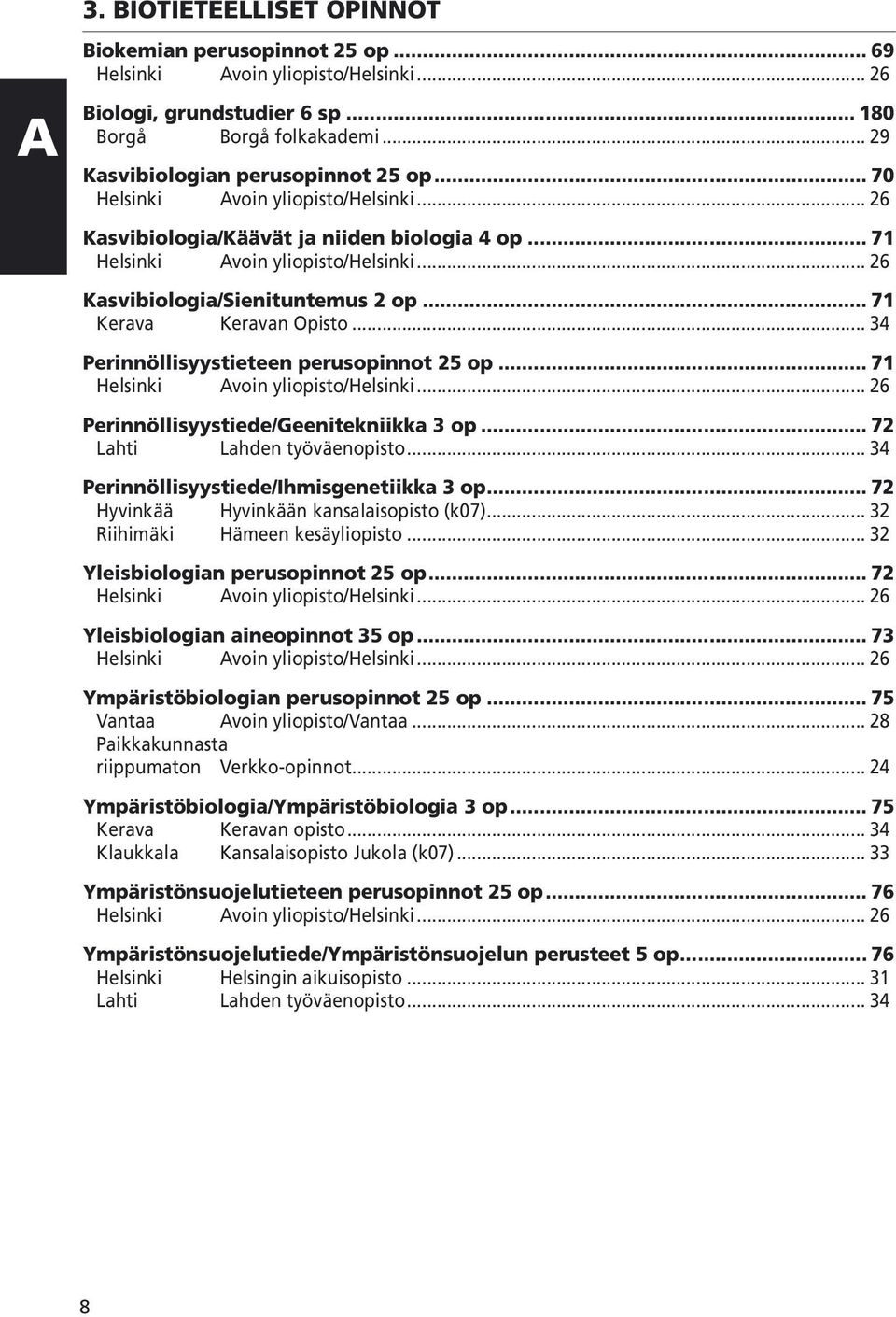 .. 34 Perinnöllisyystieteen perusopinnot 25 op... 71 Helsinki Avoin yliopisto/helsinki... 26 Perinnöllisyystiede/Geenitekniikka 3 op... 72 Lahti Lahden työväenopisto.