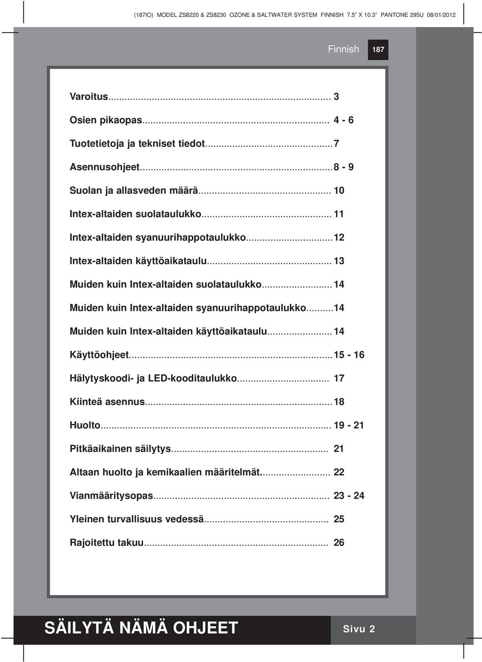 .. 13 Muiden kuin Intex-altaiden suolataulukko... 1 Muiden kuin Intex-altaiden syanuurihappotaulukko... 1 Muiden kuin Intex-altaiden käyttöaikataulu... 1 Käyttöohjeet.